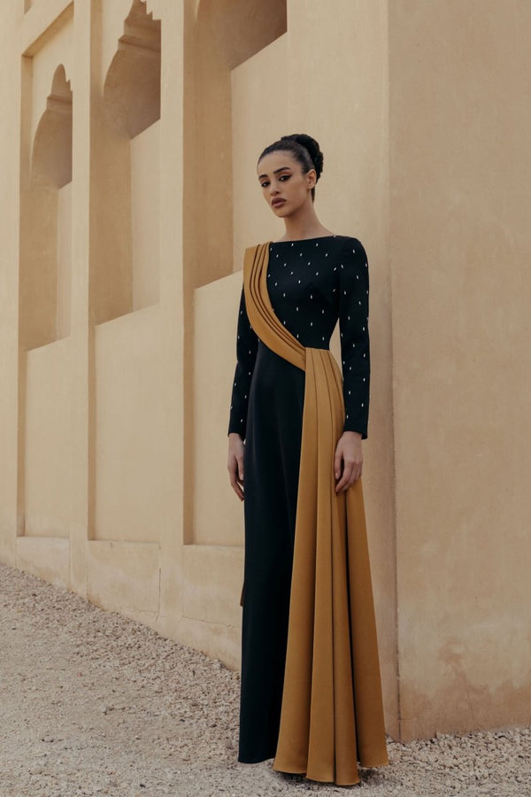 Rasario Embroidered Satin Maxi Dress With Voluminous Drapery Black/burgundy R005X140 – RASARIO