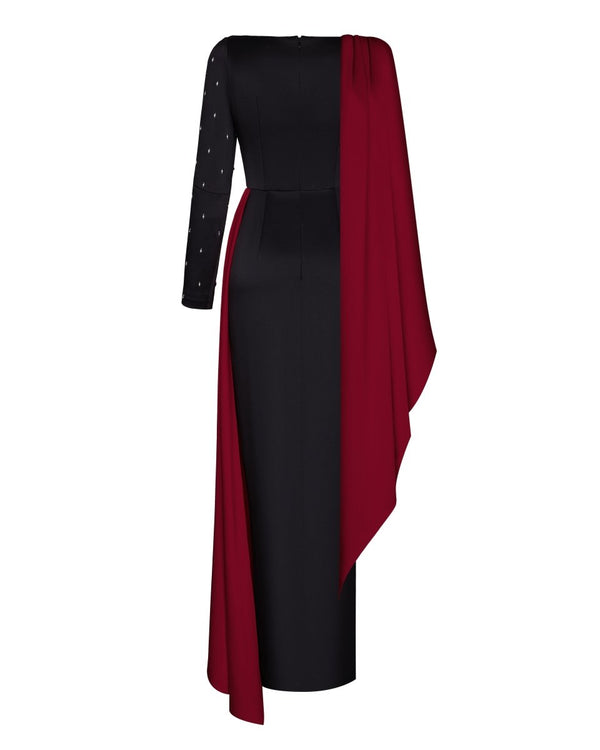 Rasario Embroidered Satin Maxi Dress With Voluminous Drapery Black/burgundy R005X140 – RASARIO