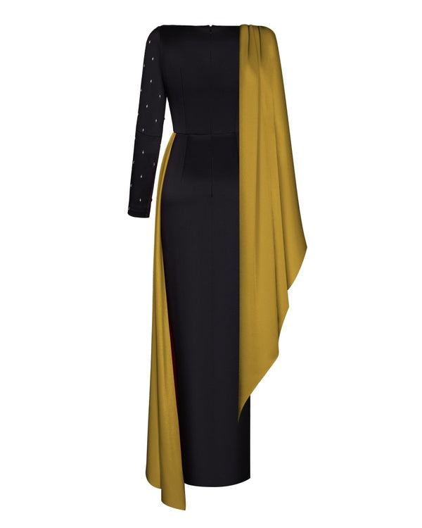 Rasario Embroidered Satin Maxi Dress With Voluminous Drapery Black/gold R005X130 – RASARIO