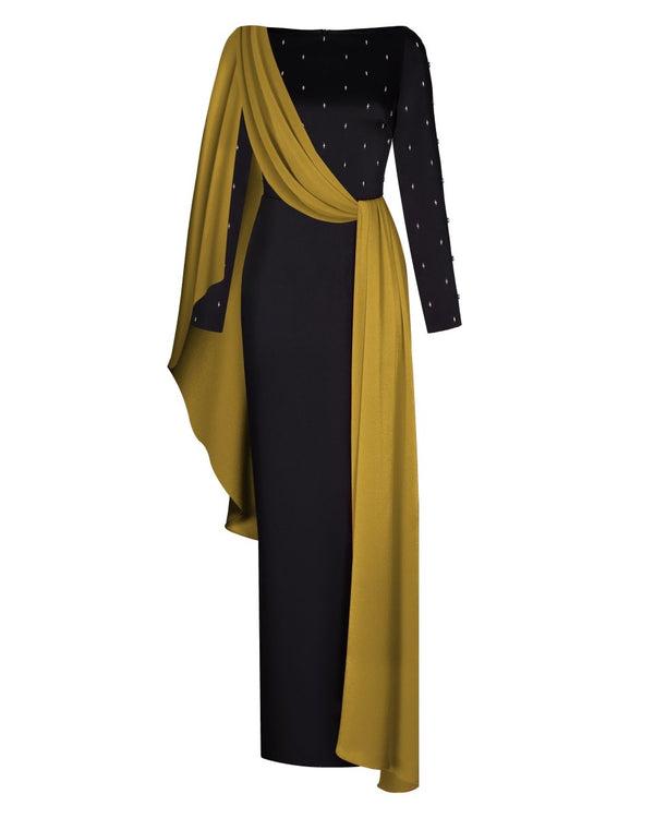 rasario Embroidered satin maxi dress with voluminous drapery black/gold R005X130 – RASARIO