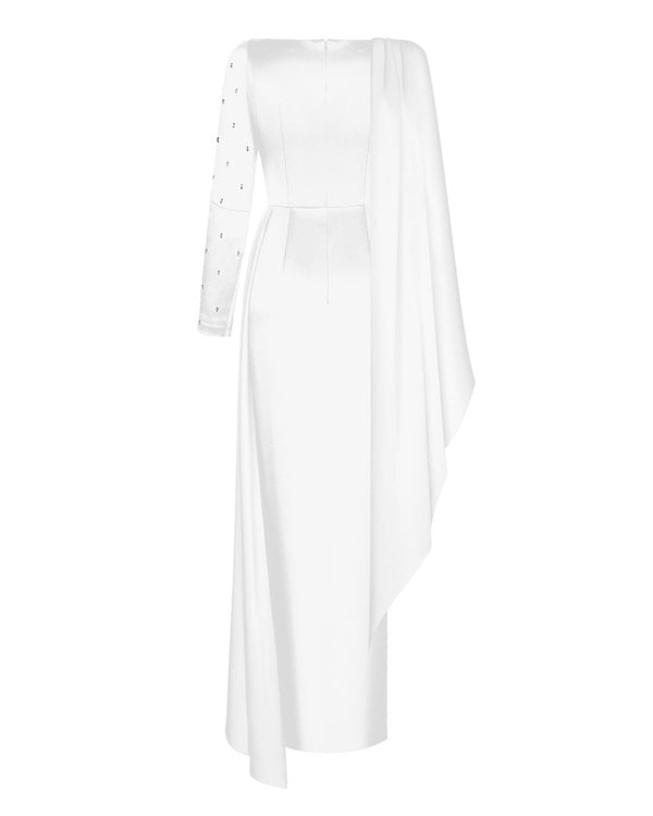 Rasario Embroidered Satin Maxi Dress With Voluminous Drapery White R005X020 – RASARIO