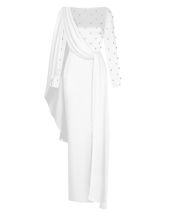 rasario Embroidered satin maxi dress with voluminous drapery white R005X020 – RASARIO
