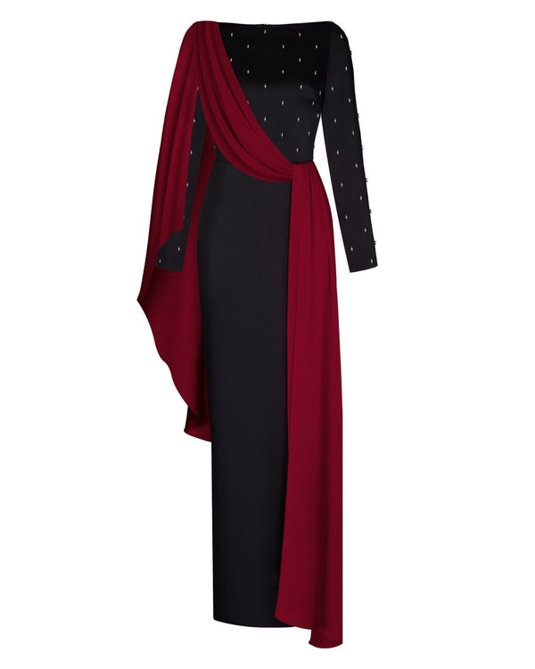 rasario Embroidered satin maxi dress with voluminous drapery black/burgundy R005X140 – RASARIO