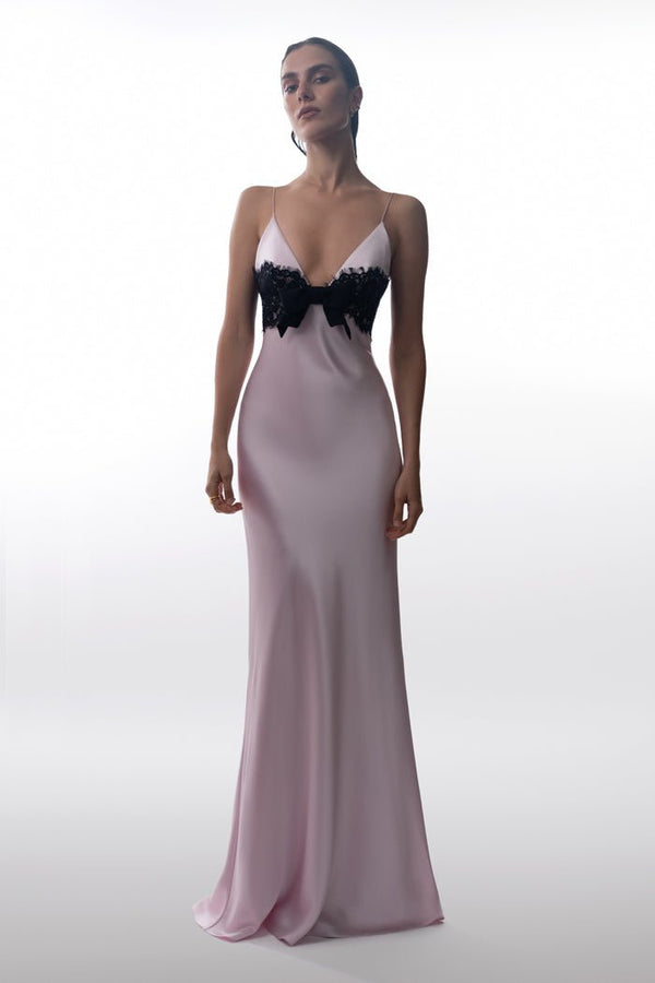 Rasario Floral Printed Satin And Lace Maxi Dress With A Bow Light Pink/black S070X640 – RASARIO