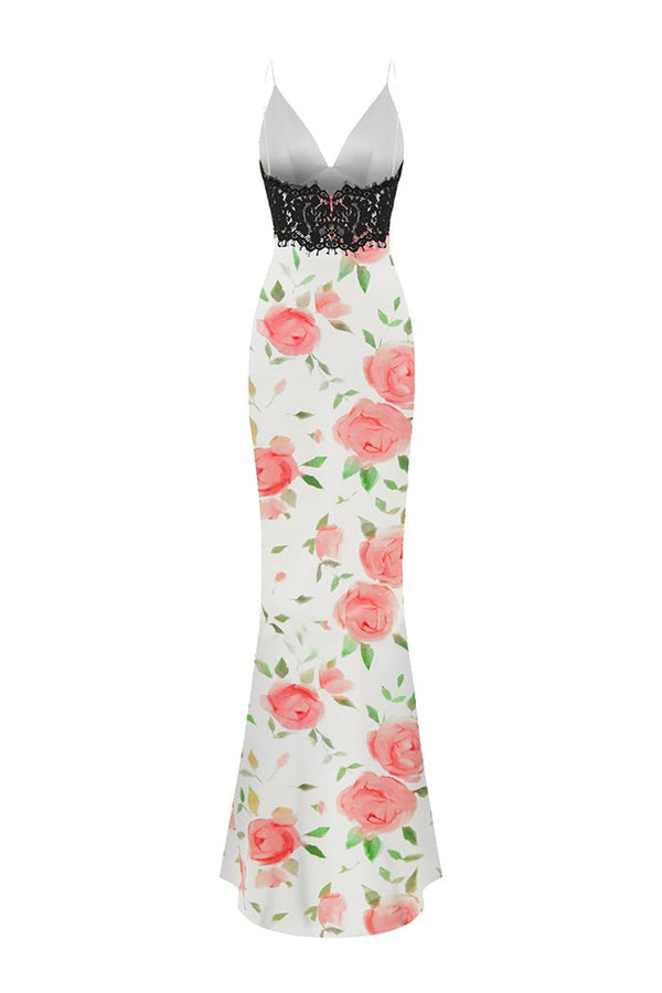 Rasario Floral Printed Satin And Lace Maxi Dress With A Bow Light Pink/white S070X620 – RASARIO