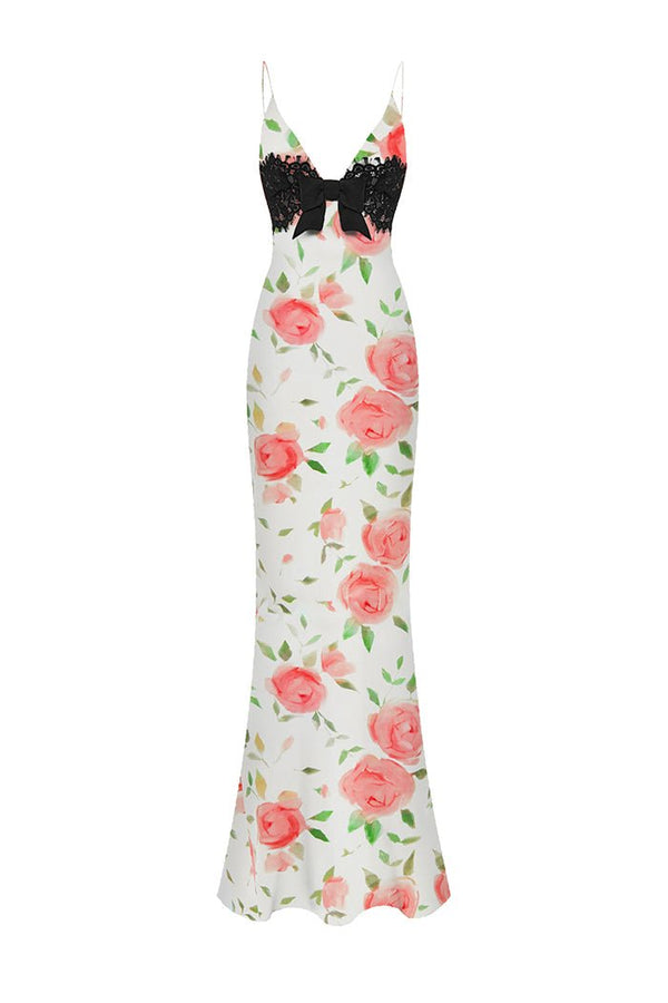 rasario Floral printed satin and lace maxi dress with a bow light pink/white S070X620 – RASARIO