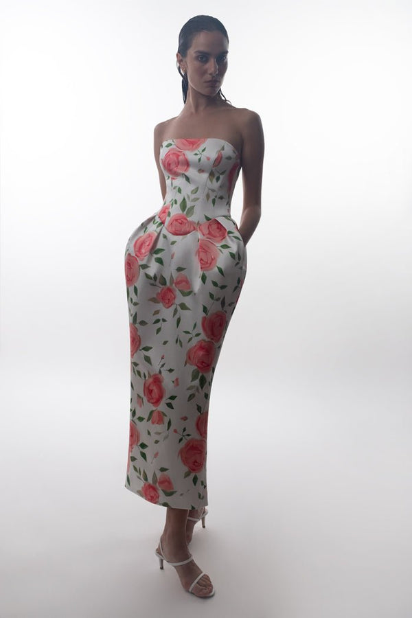 Rasario Floral Printed Satin Long Midi Dress With Voluminous Skirt Light Pink/white S105M620 – RASARIO