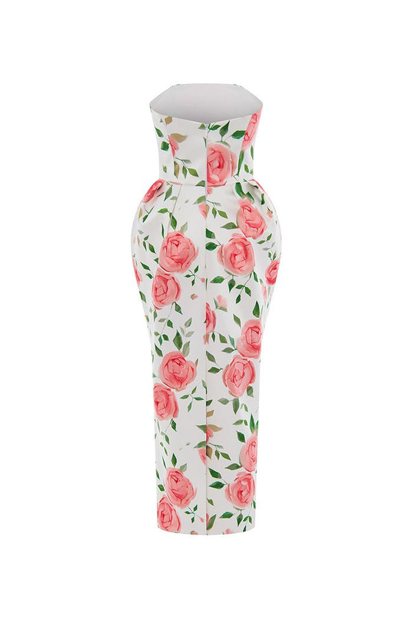 Rasario Floral Printed Satin Long Midi Dress With Voluminous Skirt Light Pink/white S105M620 – RASARIO
