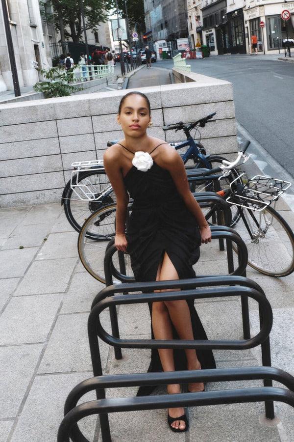 Rasario Flower Embellished Chiffon Maxi Dress Black S001X010 – RASARIO