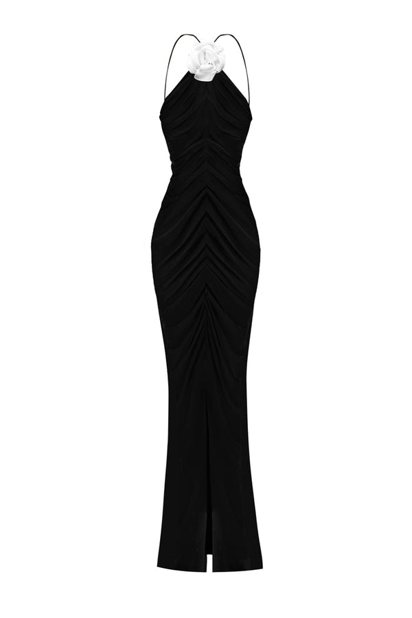 rasario Flower embellished chiffon maxi dress black S001X010 – RASARIO