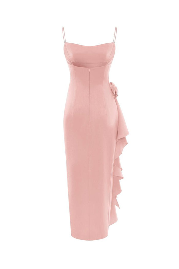 Rasario Flower Embellished Draped Satin Midi Dress Powder Pink S007D290 – RASARIO