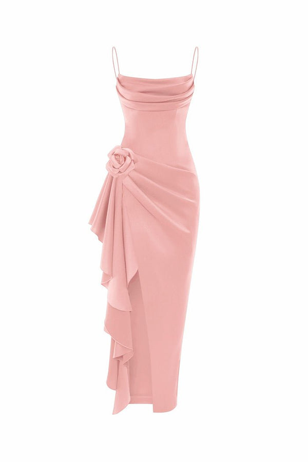 rasario Flower embellished draped satin midi dress powder pink S007D290 – RASARIO
