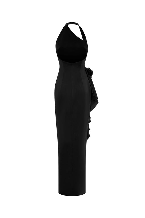 Rasario Flower Embellished Satin Maxi Dress Black S002X010 – RASARIO