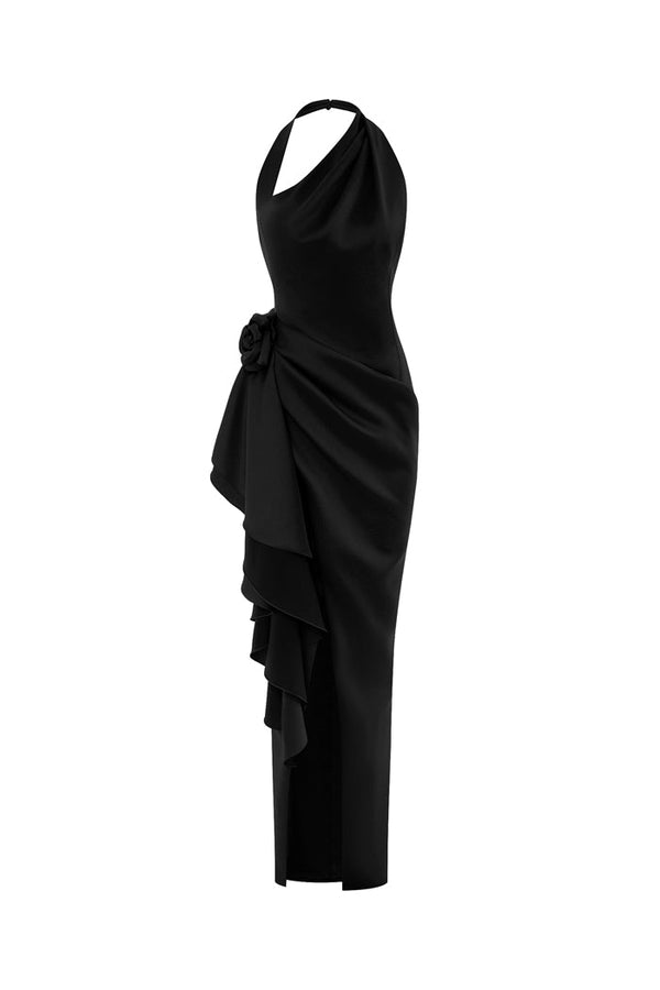 rasario Flower embellished satin maxi dress black S002X010 – RASARIO
