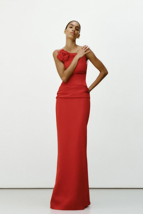 Rasario Flower Embellished Satin Maxi Dress With An Opened Back White S010X020 – RASARIO