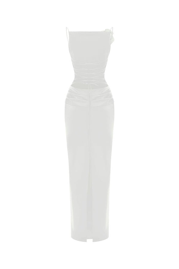 Rasario Flower Embellished Satin Maxi Dress With An Opened Back White S010X020 – RASARIO