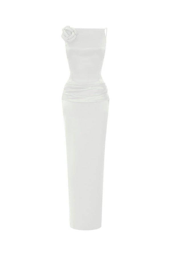 rasario Flower embellished satin maxi dress with an opened back white S010X020 – RASARIO