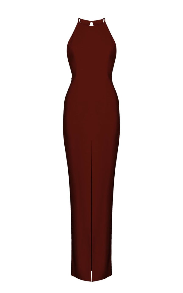 rasario Halterneck crepe maxi dress wine P077X300 – RASARIO