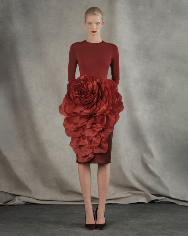 Rasario Knit Midi Dress With A Silk Organza Flower Burgundy 107DD003 – RASARIO