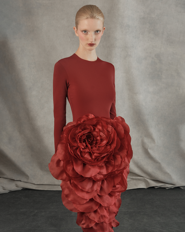 Rasario Knit Midi Dress With A Silk Organza Flower Burgundy 107DD003 – RASARIO