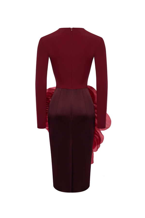 Rasario Knit Midi Dress With A Silk Organza Flower Burgundy 107DD003 – RASARIO