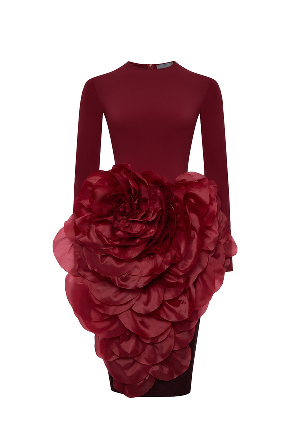 rasario Knit midi dress with a silk organza flower burgundy 107DD003 – RASARIO