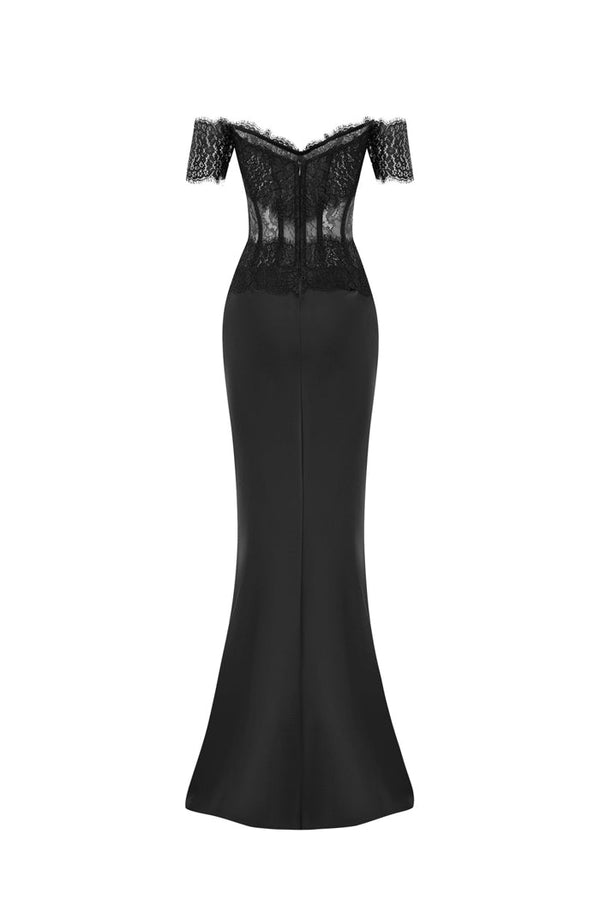 Rasario Lace And Satin Corset Maxi Dress Black S038X010 – RASARIO