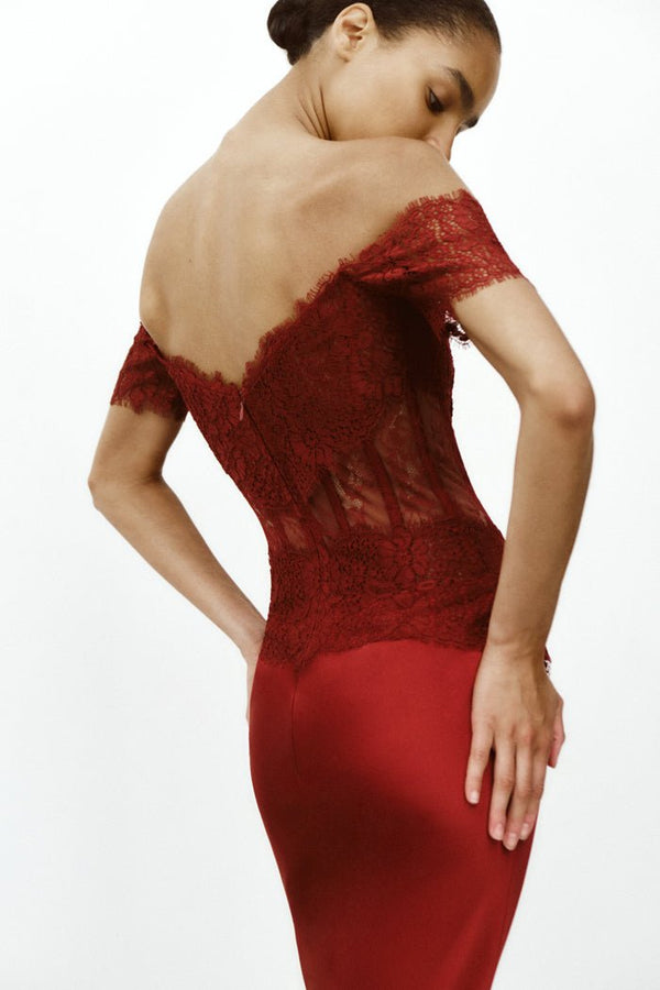 Rasario Lace And Satin Corset Maxi Dress Black S038X010 – RASARIO