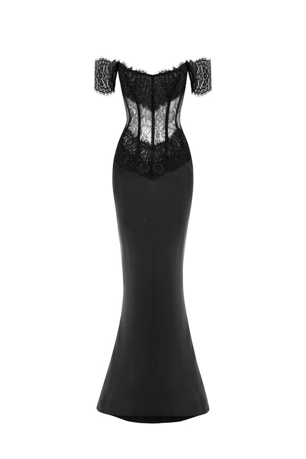 rasario Lace and satin corset maxi dress black S038X010 – RASARIO