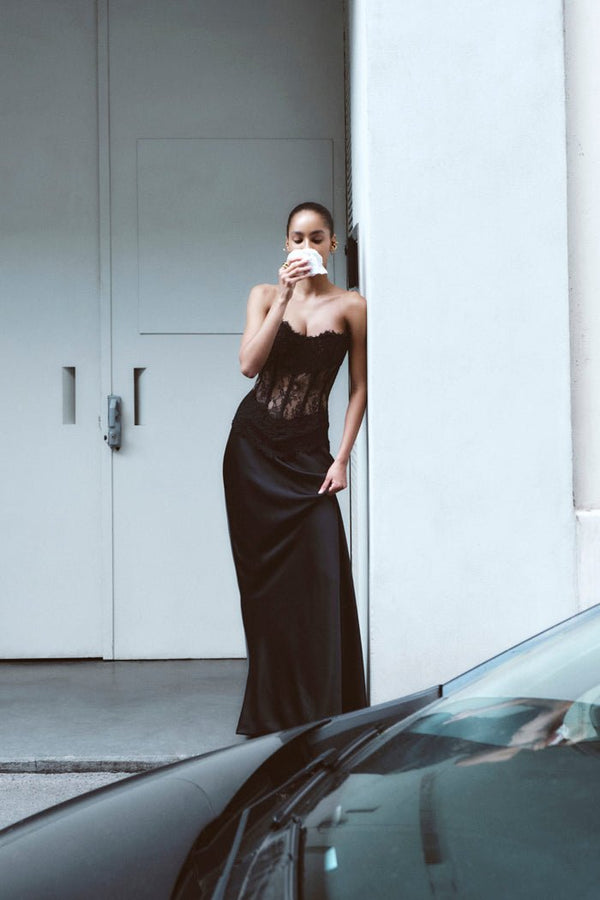 Rasario Lace And Satin Corset Maxi Dress Black S056X010 – RASARIO