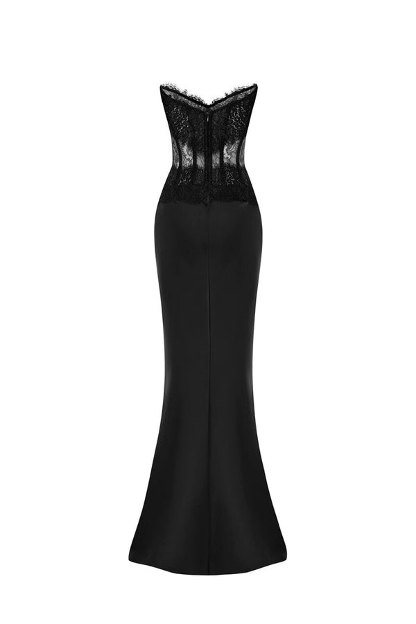 Rasario Lace And Satin Corset Maxi Dress Black S056X010 – RASARIO