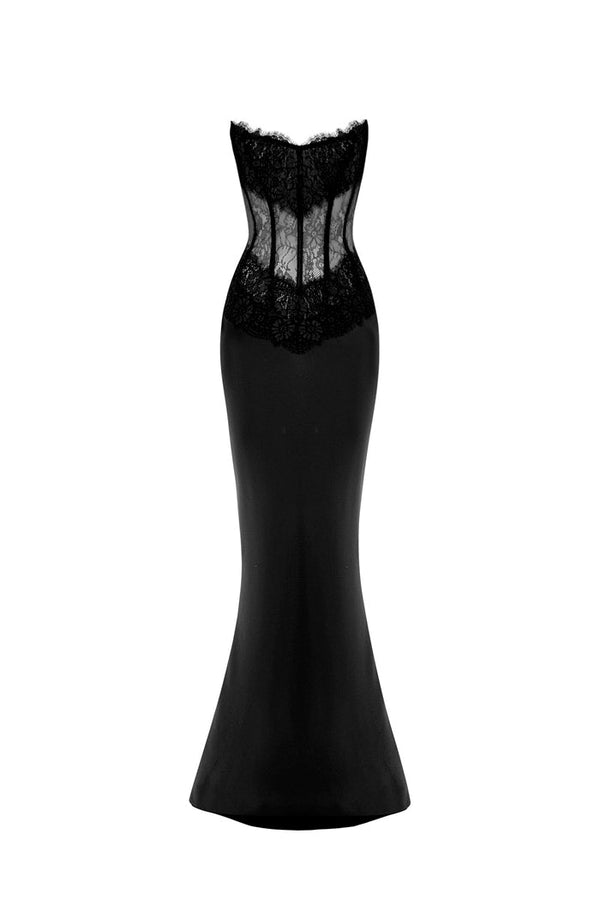 rasario Lace and satin corset maxi dress black S056X010 – RASARIO