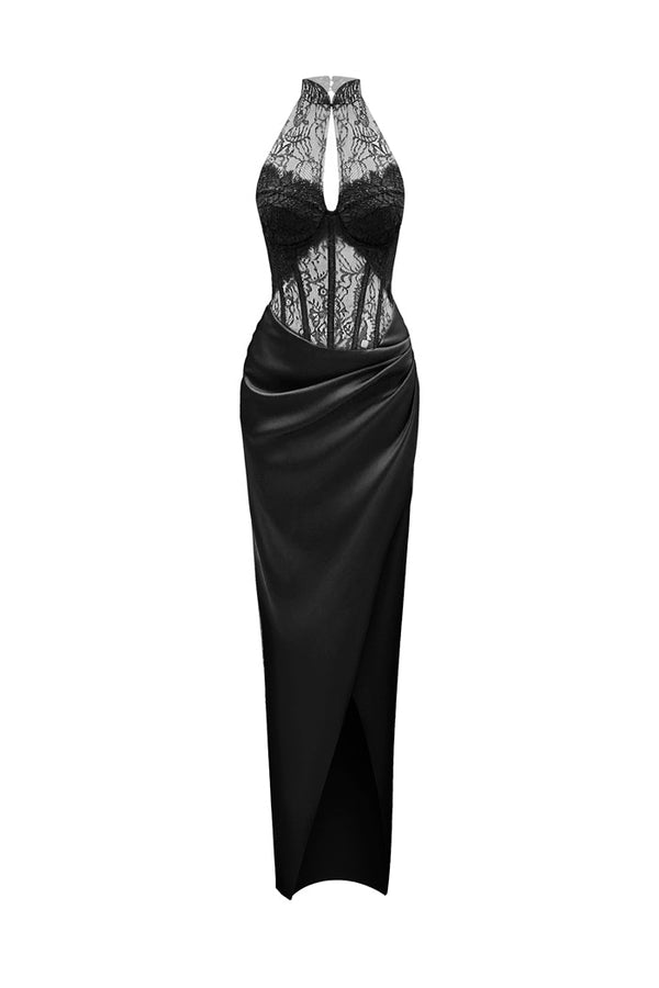 rasario Lace and satin long midi dress black S039D010 – RASARIO