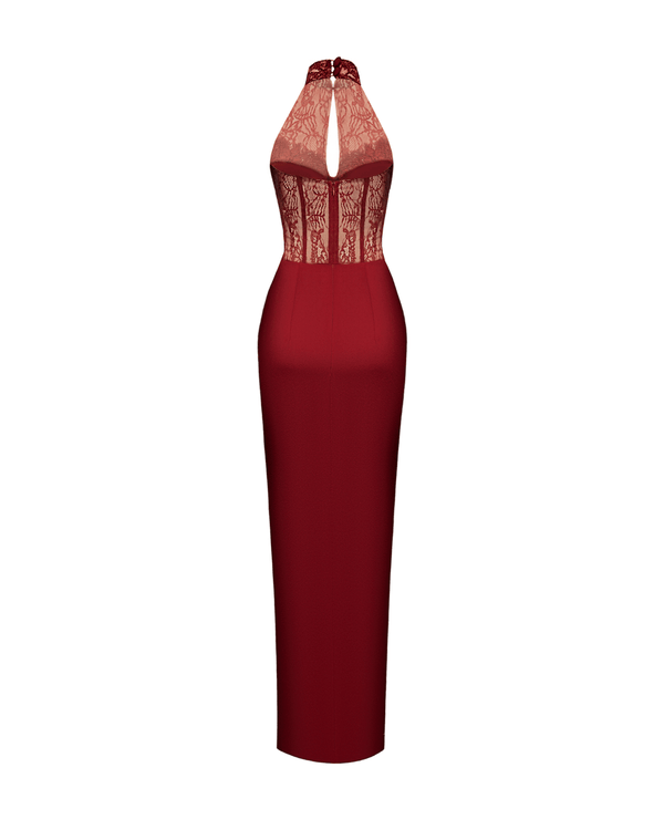 Rasario Lace And Satin Long Midi Dress Burgundy S039D130 – RASARIO