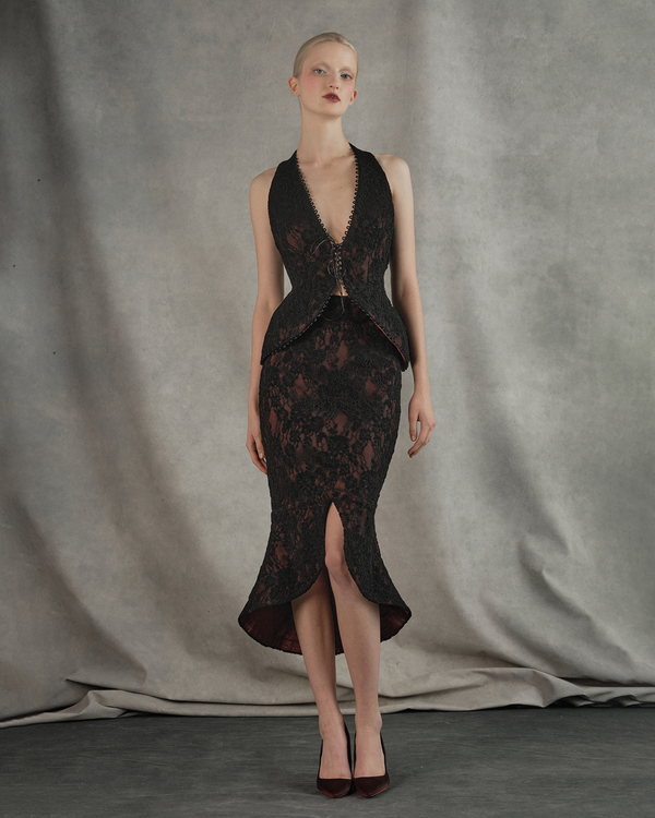 Rasario Lace And Satin Midi Skirt Burgundy 090SD013 – RASARIO