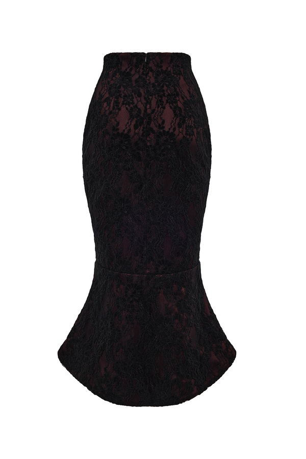 Rasario Lace And Satin Midi Skirt Burgundy 090SD013 – RASARIO
