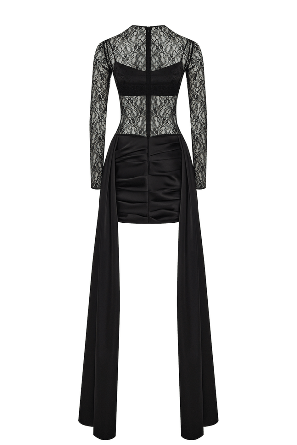 Rasario Lace And Satin Mini Dress With A Train And A Covering Top Black F047N01Z – RASARIO