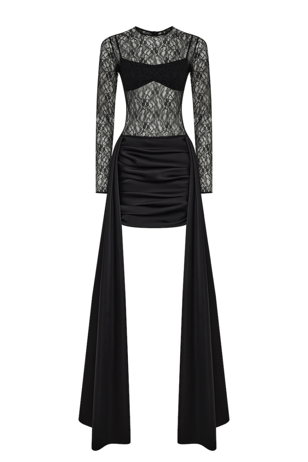 rasario Lace and satin mini dress with a train and a covering top black F047N01Z – RASARIO
