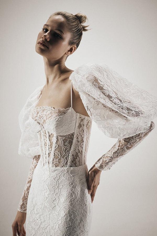 Rasario Lace Corset Maxi Dress With Voluminous Sleeves And Train B011X020 – RASARIO