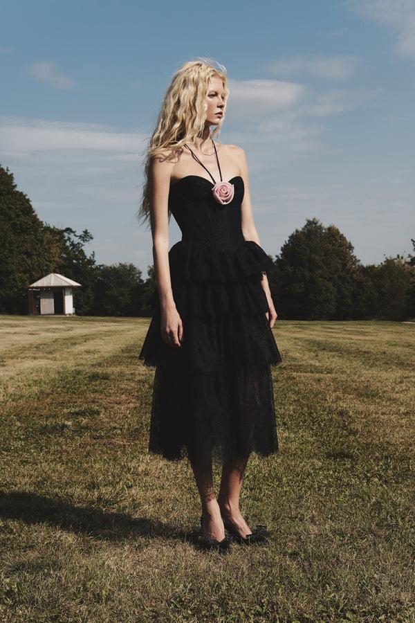 Rasario Lace Corset Midi Dress With A Flower Black 142DD001 – RASARIO