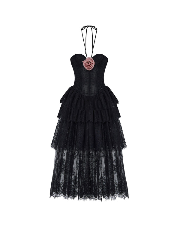 rasario Lace corset midi dress with a flower black 142DD001 – RASARIO rasario Lace corset midi dress with a flower black 142DD001 – RASARIO