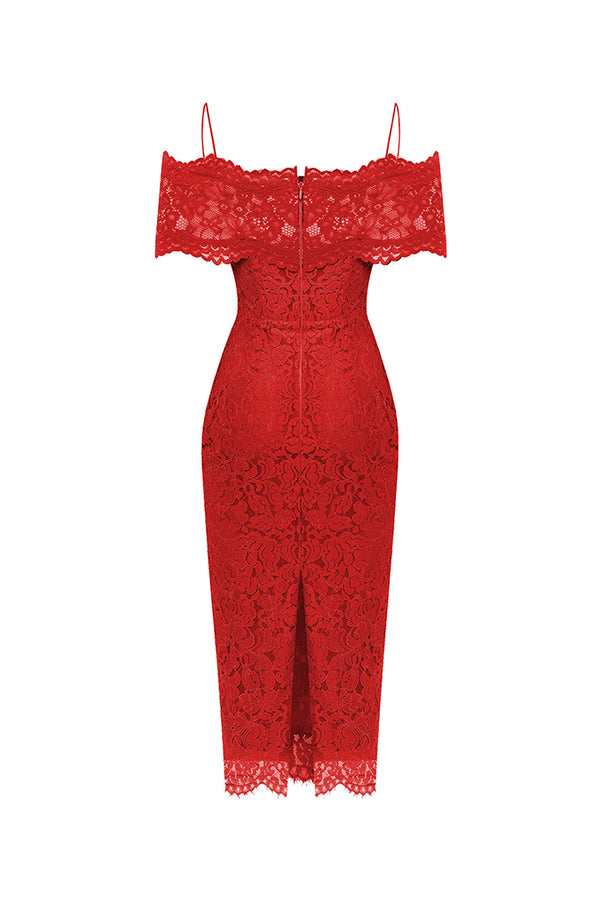 Rasario Lace Midi Dress With A Flower Red 005DD003 – RASARIO