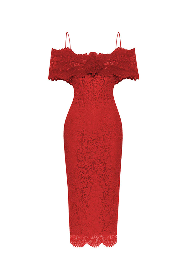 rasario Lace midi dress with a flower red 005DD003 – RASARIO