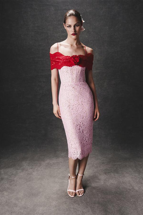 Rasario Lace Midi Dress With A Flower Red/pink 005DD095 – RASARIO
