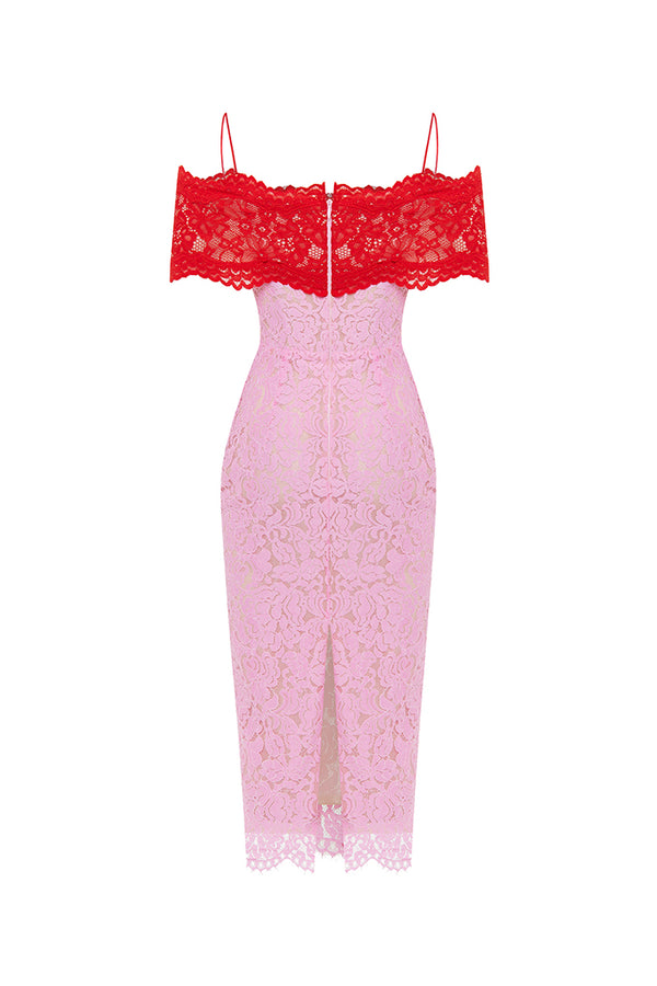 Rasario Lace Midi Dress With A Flower Red/pink 005DD095 – RASARIO