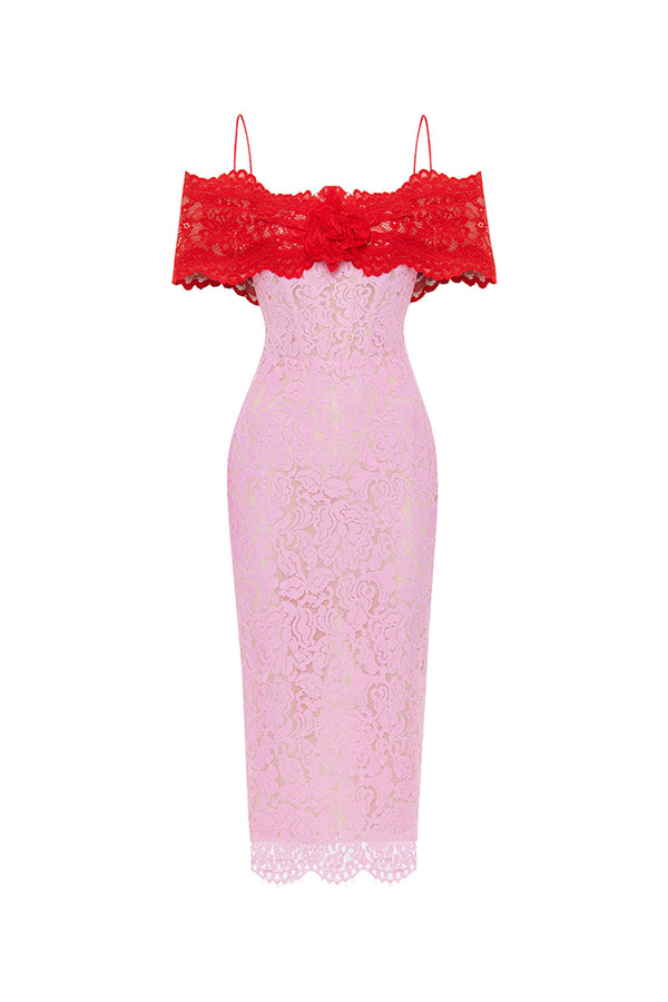 rasario Lace midi dress with a flower red/pink 005DD095 – RASARIO