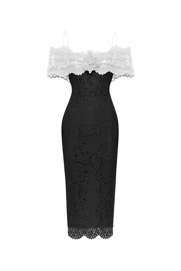 rasario Lace midi dress with a flower white/black 005DD021 – RASARIO