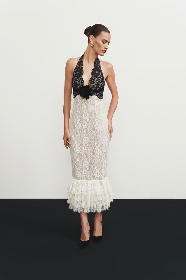 Rasario Lace Midi Dress With A Flower White/black 032DD021 – RASARIO