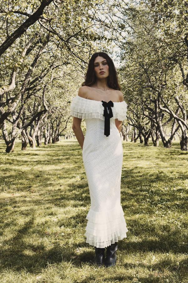 Rasario Lace Midi Dress With A Velvet Bow White 114DD002 – RASARIO