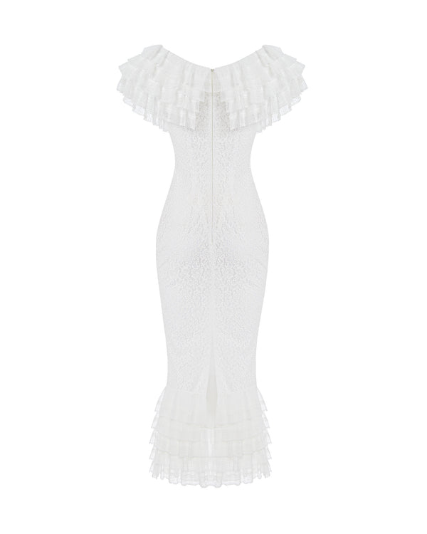 Rasario Lace Midi Dress With A Velvet Bow White 114DD002 – RASARIO
